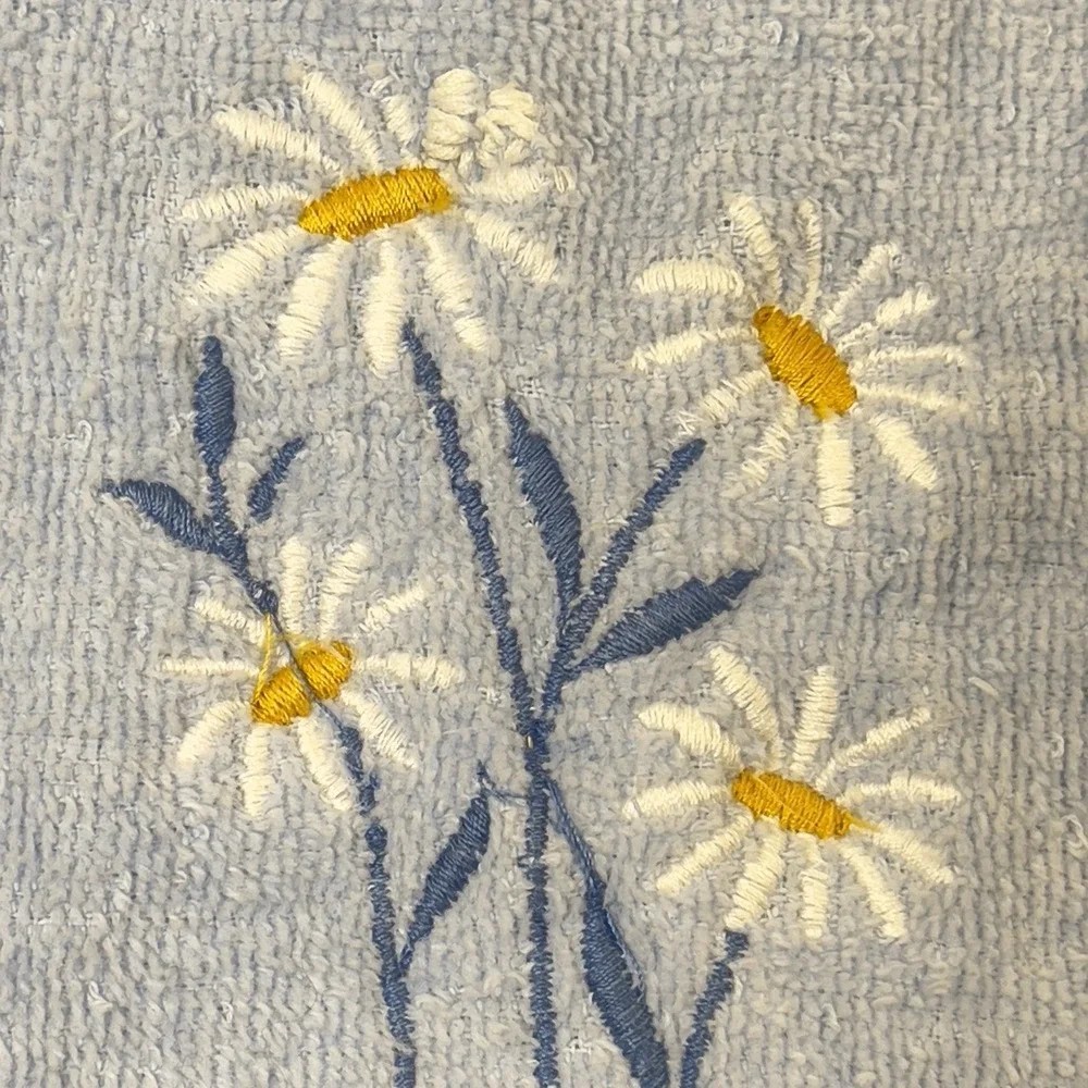 Vintage Cannon Blue Hand Towel Embroidered Daisies Fringe Made in USA 15x23